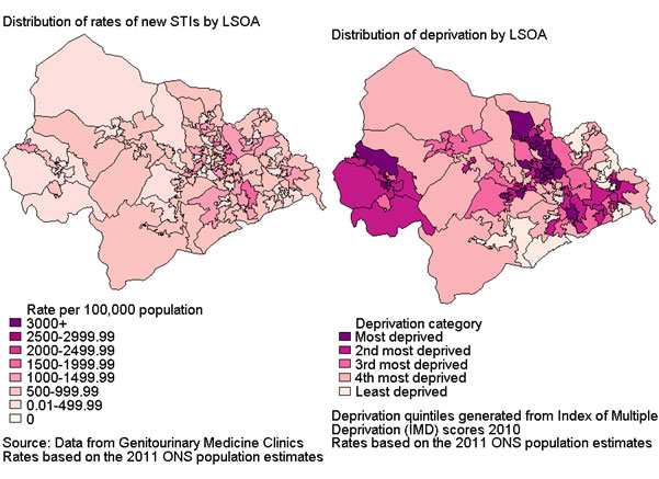 Rates of new STIs and deprivation by Lower Super Output Area (LSOA) in Calderdale 